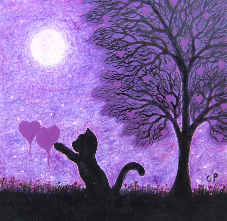 Cat Hearts Card, Purple Moon Tree Art Card, Black Cat Daughter Birthday Card