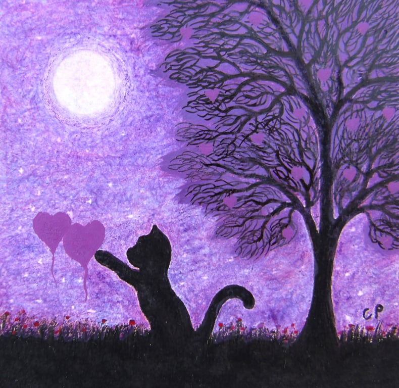 Cat Hearts Card, Purple Moon Tree Art Card, Black Cat Daughter Birthday Card