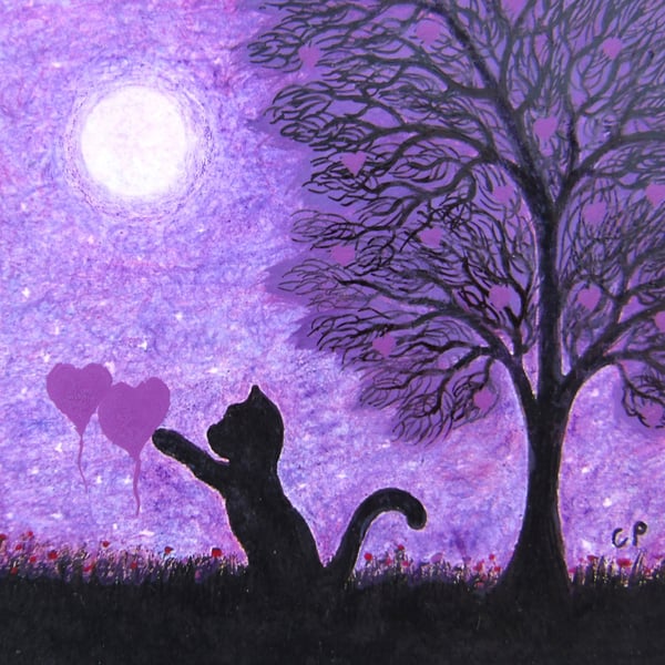 Cat Hearts Card, Purple Moon Tree Art Card, Black Cat Daughter Birthday Card