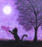 Cat Hearts Card, Purple Moon Tree Art Card, Black Cat Daughter Birthday Card - Image 1