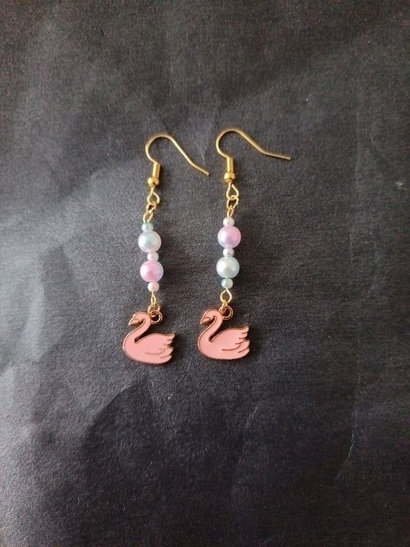 Pastel bead and pink swan charm dangle earrings