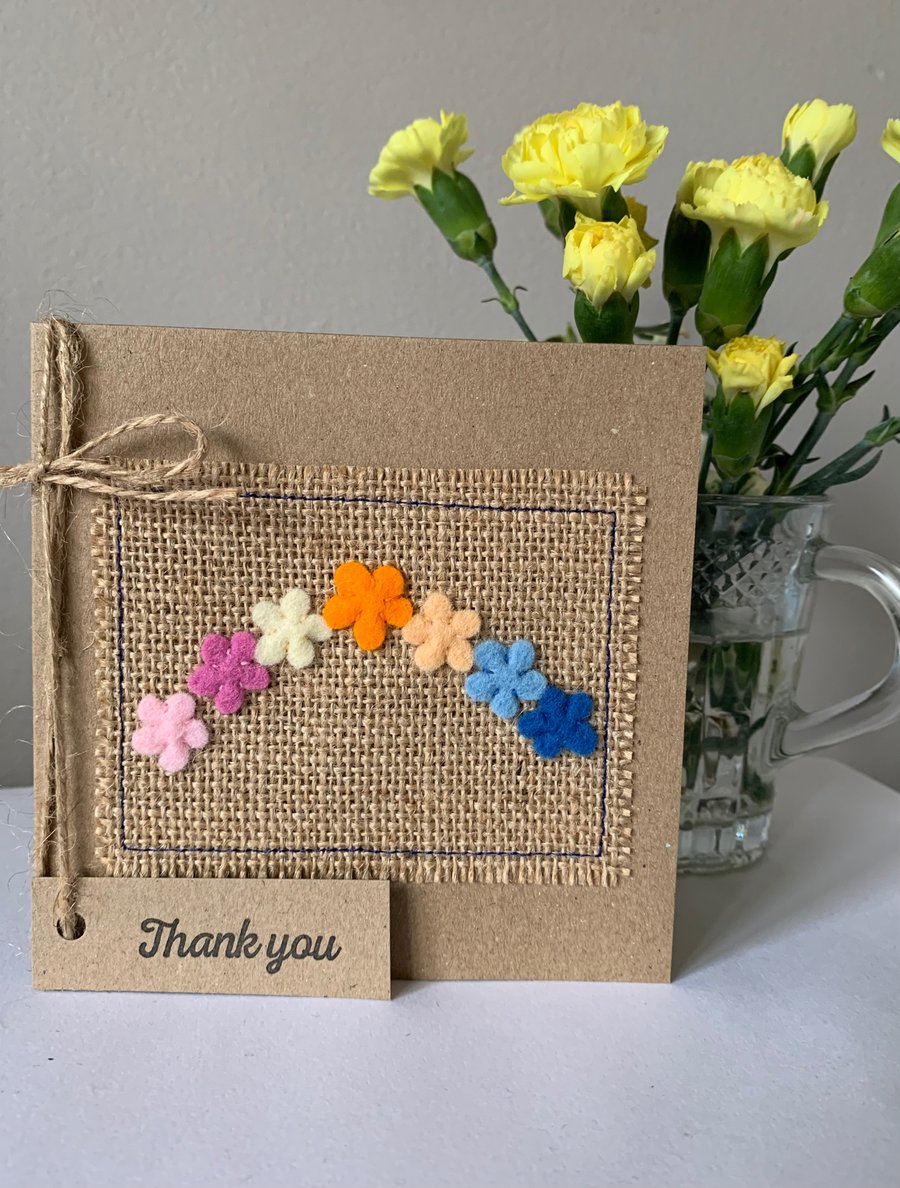 Thank You Card. Arch of colourful flowers, wool felt. Handmade. Greeting Card.