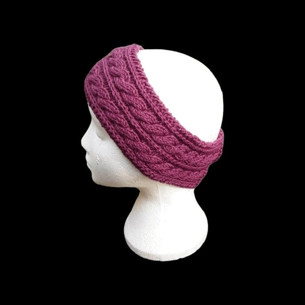 Hand knitted ladies magenta pink headband ear warmer with double rope cable 
