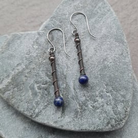 Copper Wire Wrapped Earrings With Lapis Lazuli 