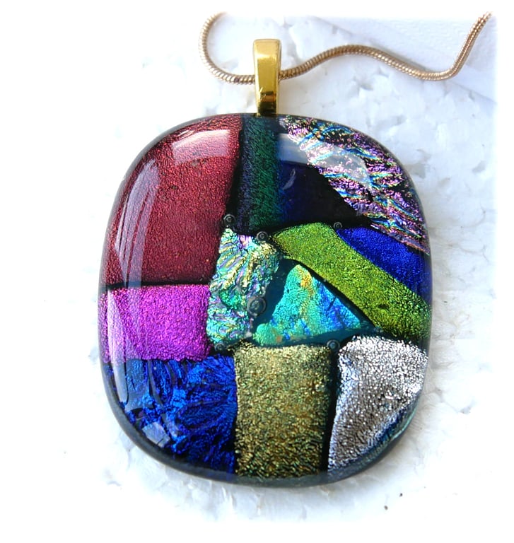 Dichroic Glass S021 Supersize Patchwork 3-layer Pendant with Gold plated chain
