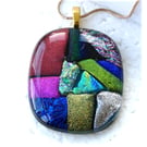 Dichroic Glass S021 Supersize Patchwork 3-layer Pendant with Gold plated chain