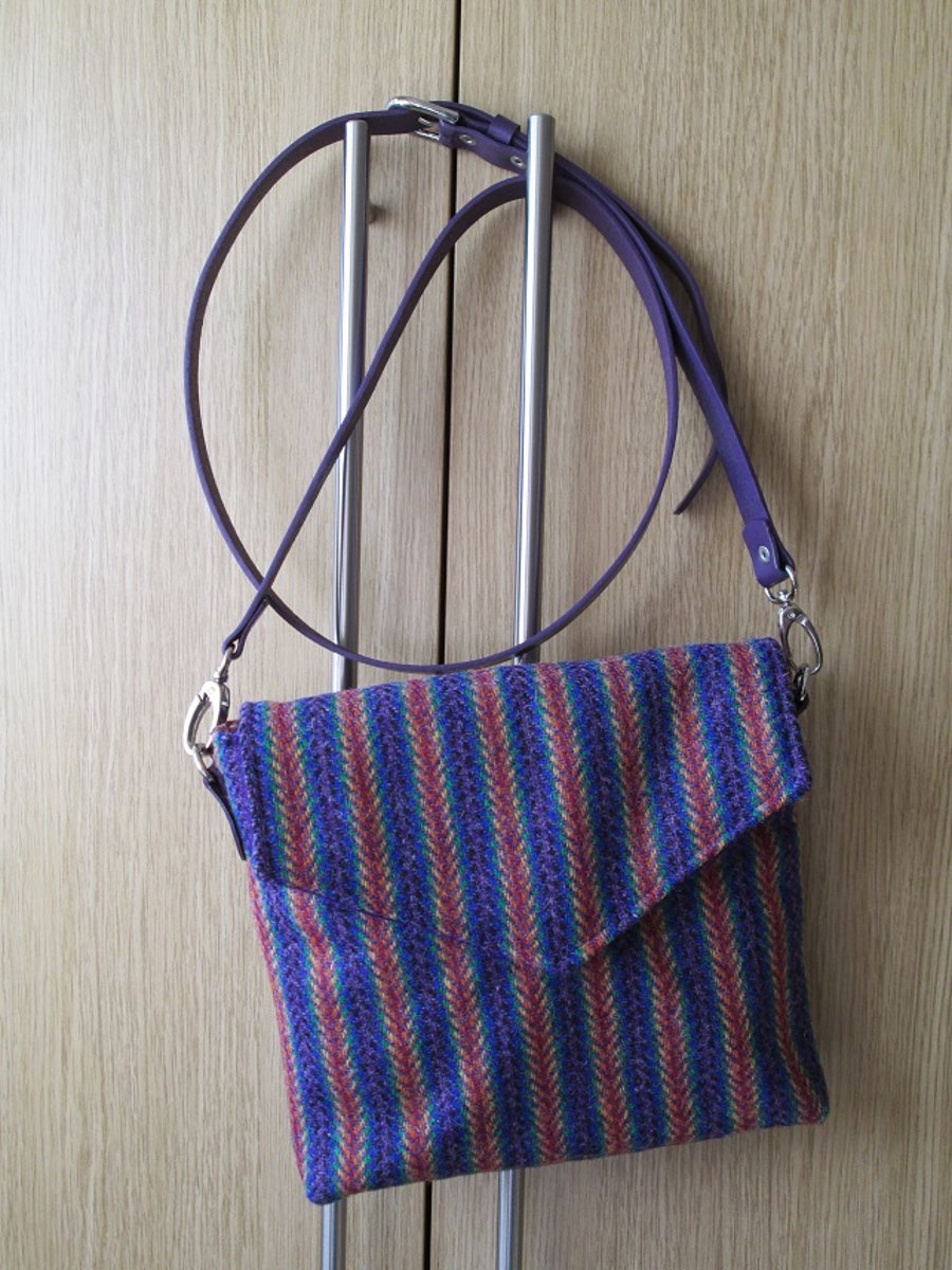 SOLD - Rainbow Striped 'Harris Tweed' Cross Body Bag with Leather Strap