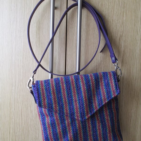 SOLD - Rainbow Striped 'Harris Tweed' Cross Body Bag with Leather Strap