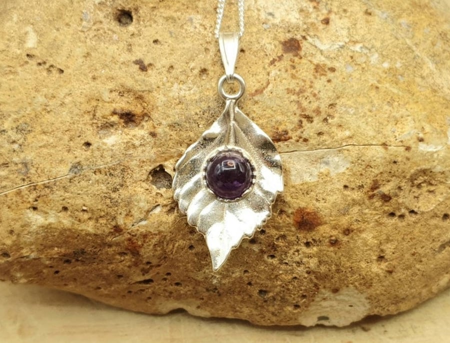 Amethyst Leaf Pendant. February birthstone jewellery. 925 Sterling silver