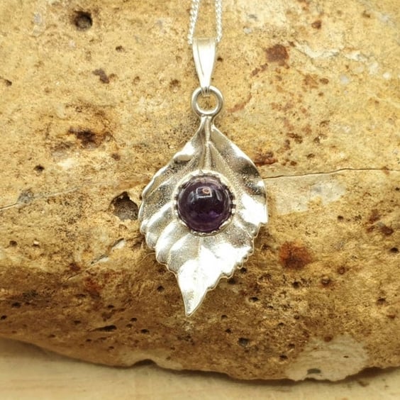 Amethyst Leaf Pendant. February birthstone jewellery. 925 Sterling silver