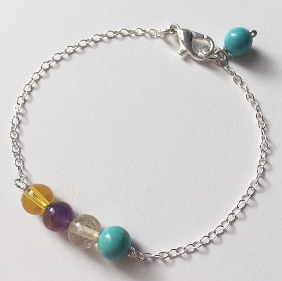 Multicoloured gemstone sterling silver chain bracelet