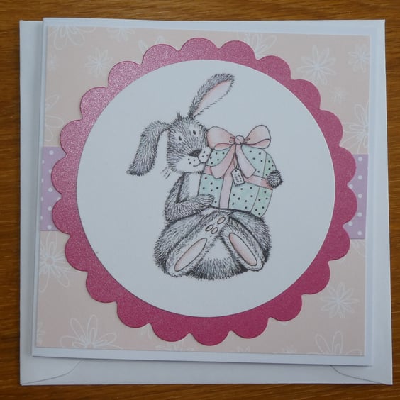 Birthday Card - Rabbit with Present - Pink