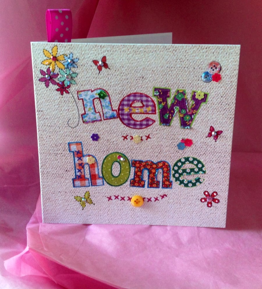 New Home Greeting Card, Printed Applique Design, Handfinished Card