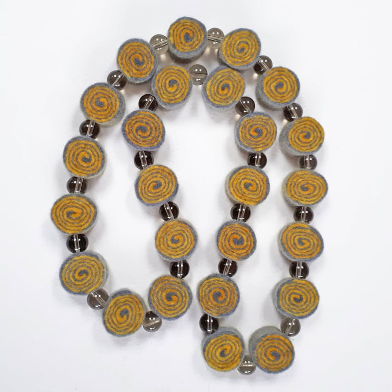 Light Grey and Yellow Felt Necklace with Transparent Grey Glass Beads