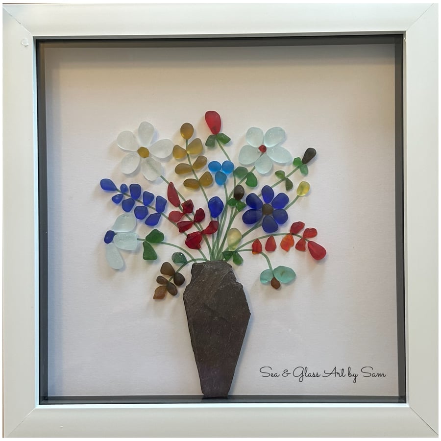 Handmade Sea Glass Wildflower Picture - Framed 8x8 Bouquet in Slate Pebble Vase