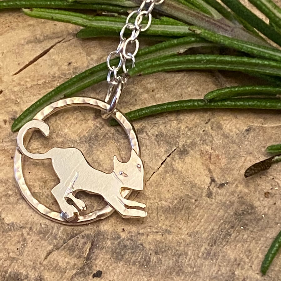 Cat Pendant.Little Cat Sterling Silver Necklace  hand sawn by artist maker. Pet
