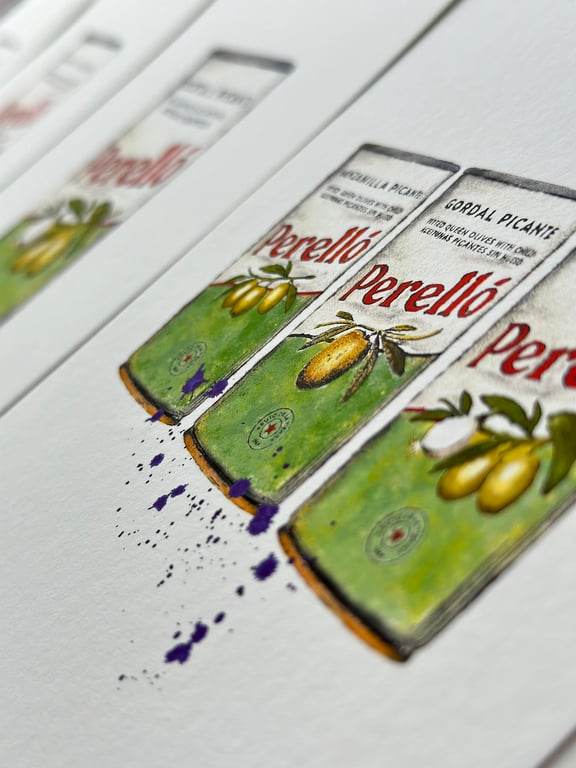 Hand Finished Watercolour Art Print - Perello Olives Trio With A Splash