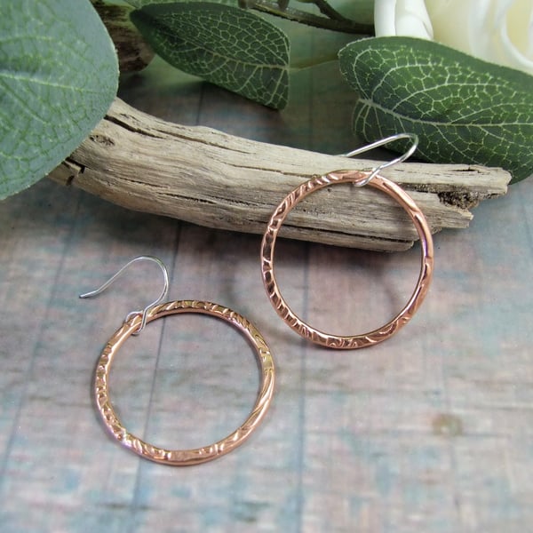 Earrings, Sterling Silver and Copper Patterned Hoops