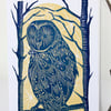  Blue Owl and Stars handprinted cards-pack of two