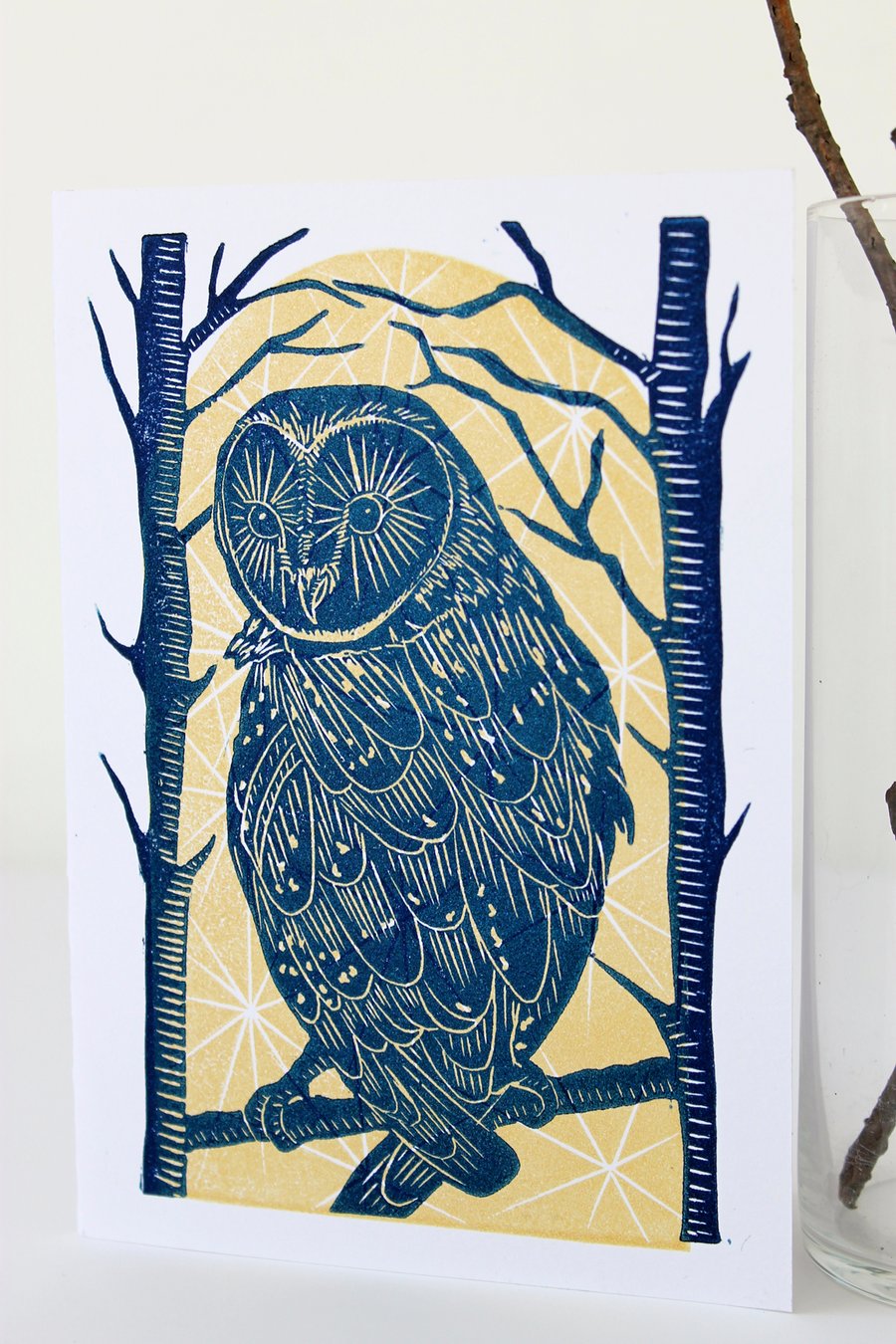  Blue Owl and Stars handprinted cards-pack of two