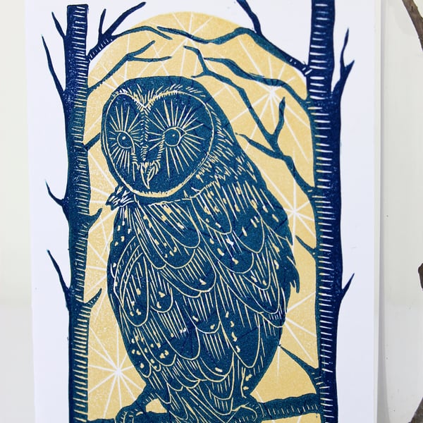  Blue Owl and Stars handprinted cards-pack of two