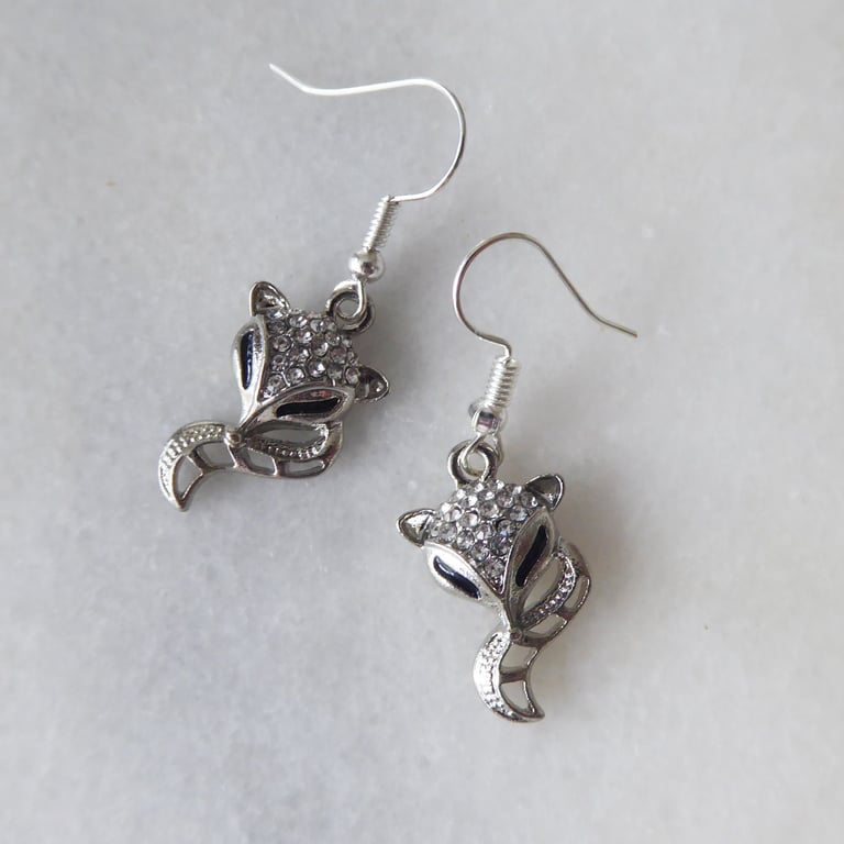 Fox Heads & Tails Earrings with Rhinestones and Silver Plated Ear Wires