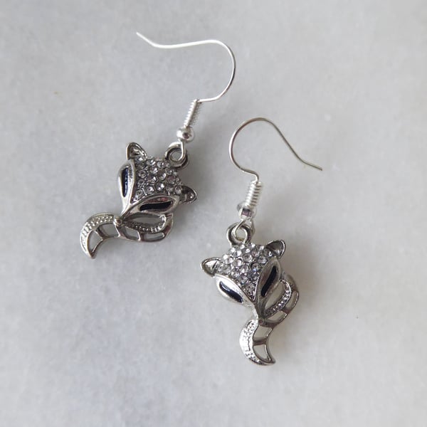 Fox Heads & Tails Earrings with Rhinestones and Silver Plated Ear Wires