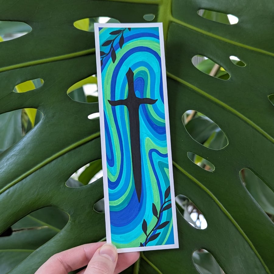 Handmade Green and Blue Swirl Sword and Leaves Bookmark