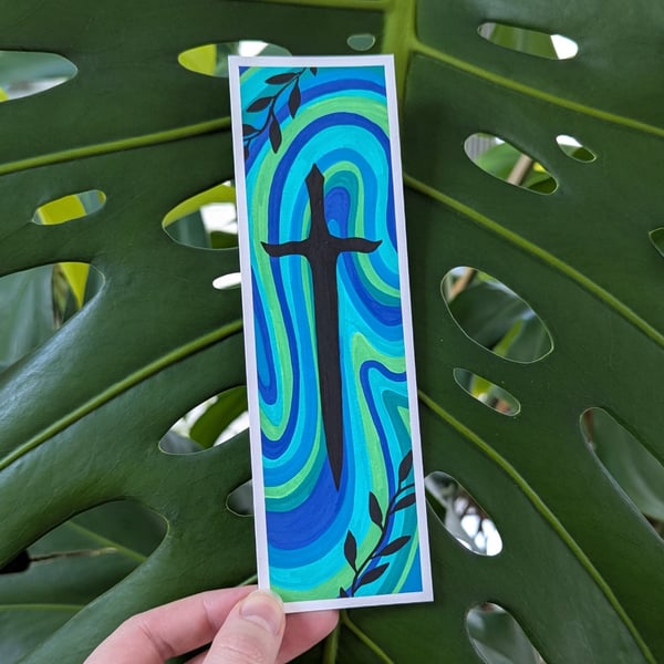 Handmade Green and Blue Swirl Sword and Leaves Bookmark