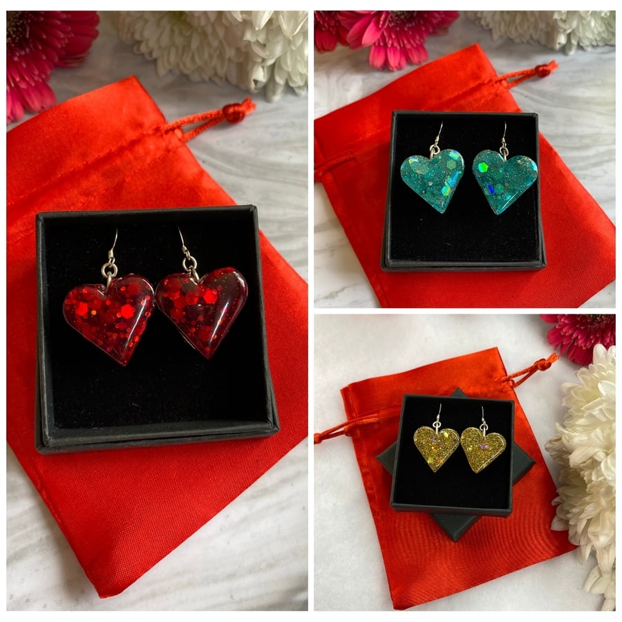 Glitter heart earrings on sterling silver, choice of colours.