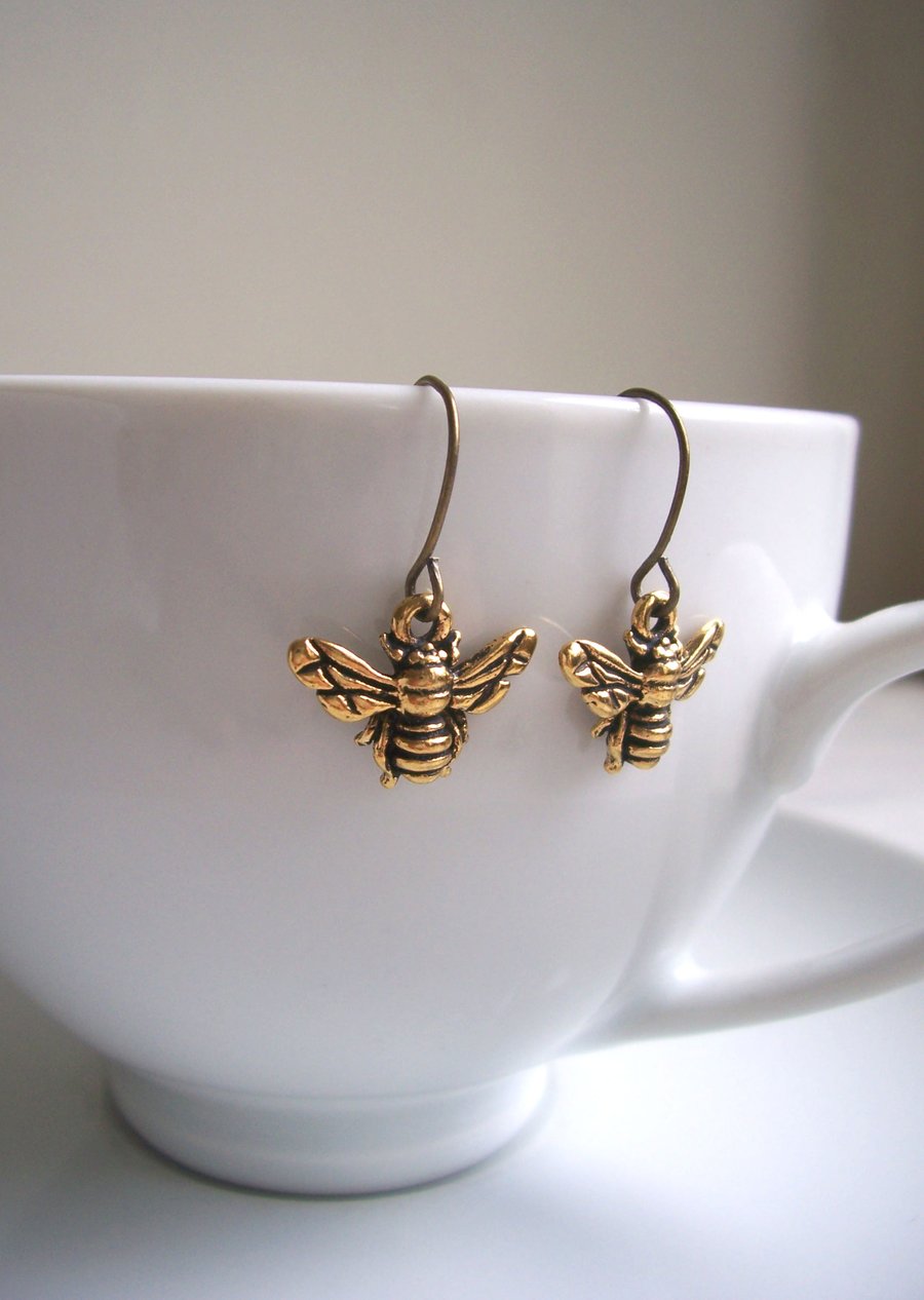 Petite Gold Bee charm earrings - little bees - gift for gardener - nickel free