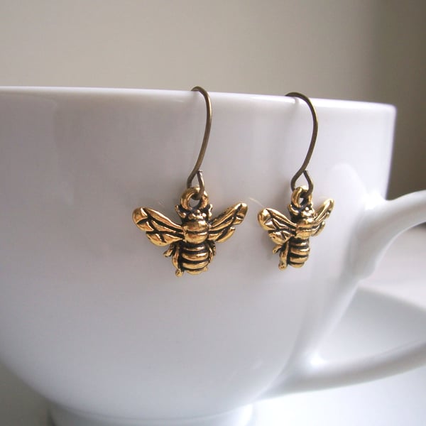 Petite Gold Bee charm earrings - little bees - gift for gardener - nickel free