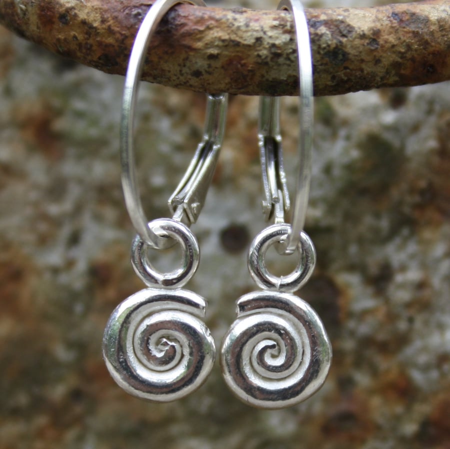 silver spiral earrings, ammonite hoops