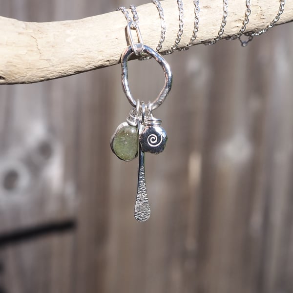 Sterling Silver Sea Glass Cluster Pendant Necklace, Recycled Materials