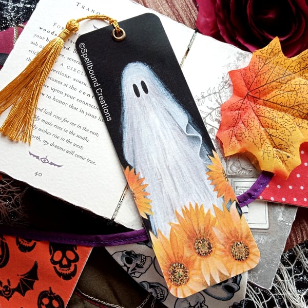 Ghost And Sunflowers, Bookmark, Book Lover Gift, Book Accessories, Halloween 