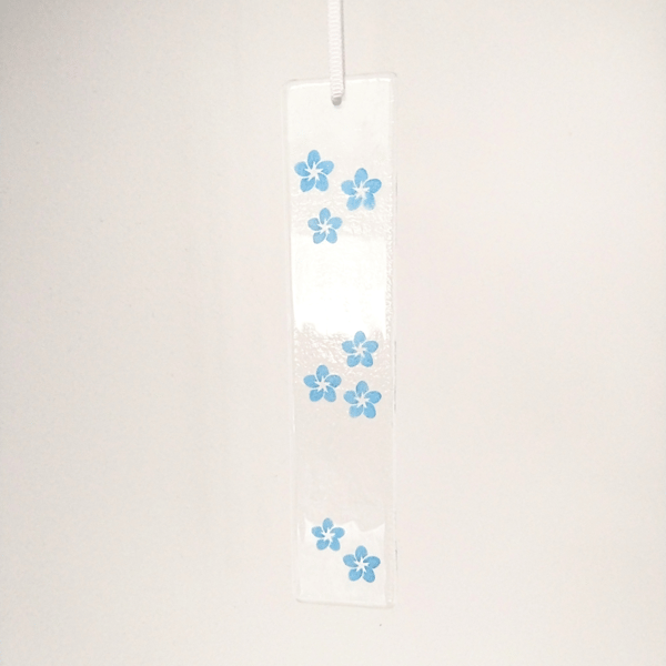 Fused Glass Blue Forget Me Not flower Hanging, Sandblasted Glass, Handcrafted