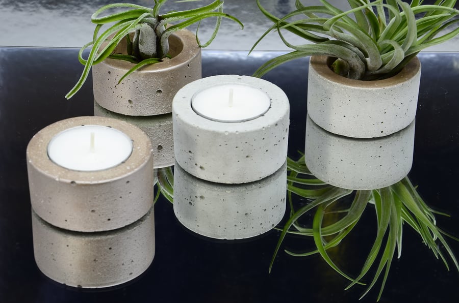 Set of 4 Small Round Handmade Concrete Tea Light, Air Plant Holders-Pearl Brown