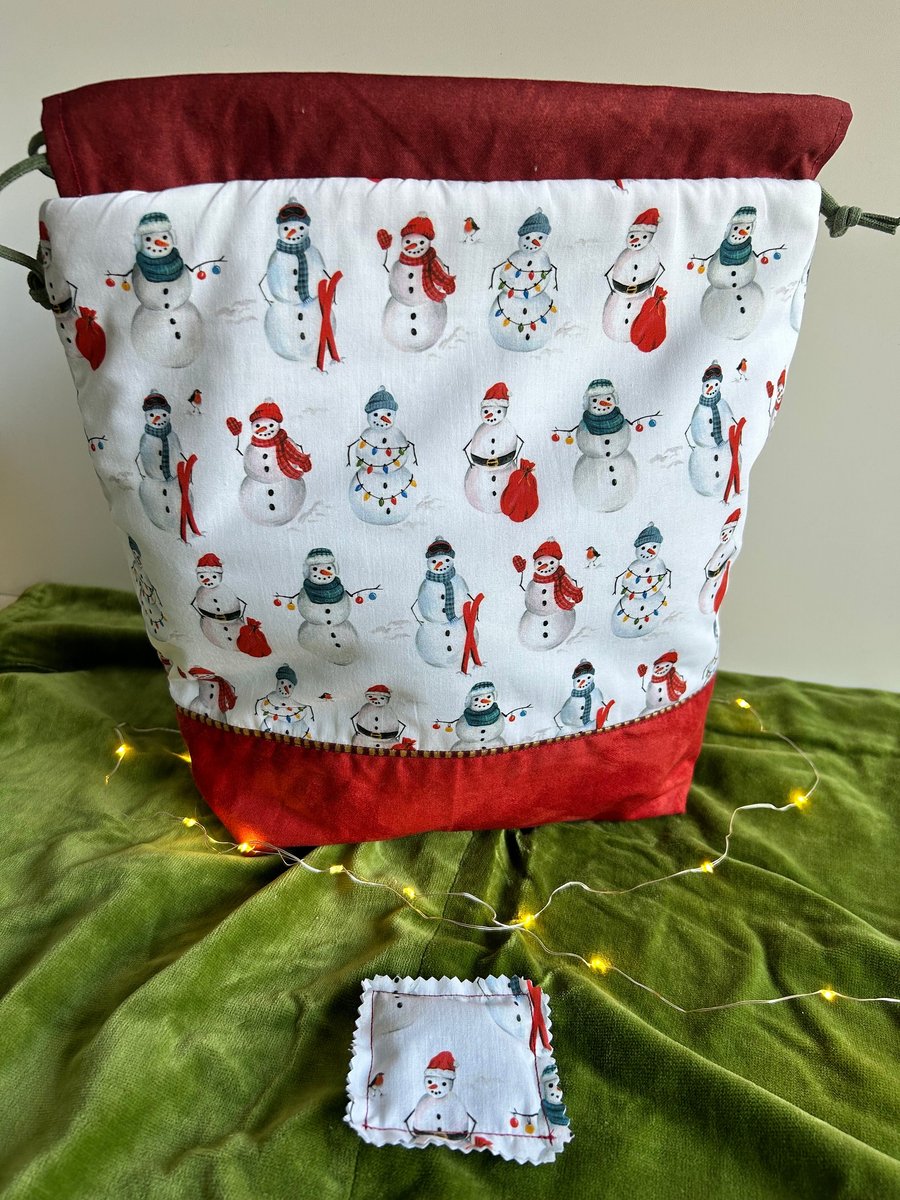Snowman project bag, Knitting bag, Snowmen bag, Christmas Project Bag