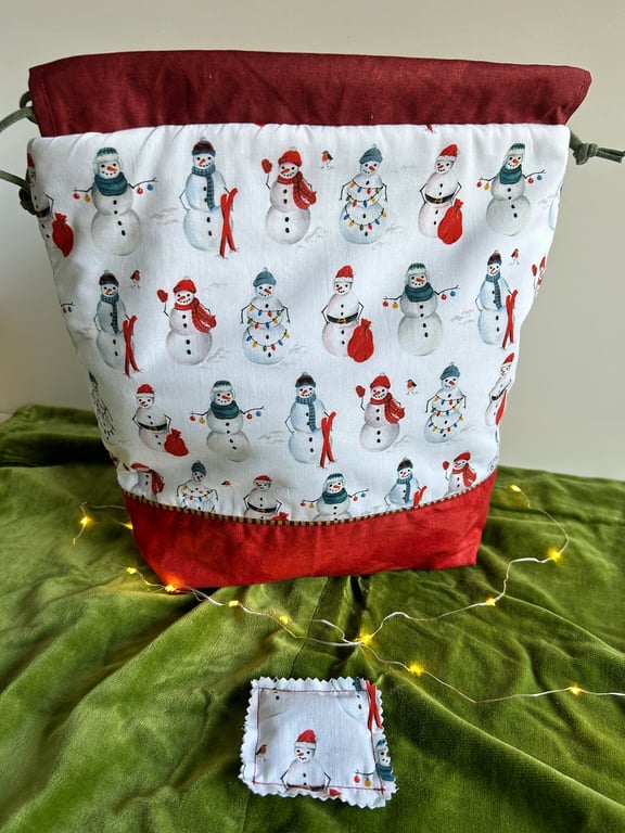 Snowman project bag, Knitting bag, Snowmen bag, Christmas Project Bag