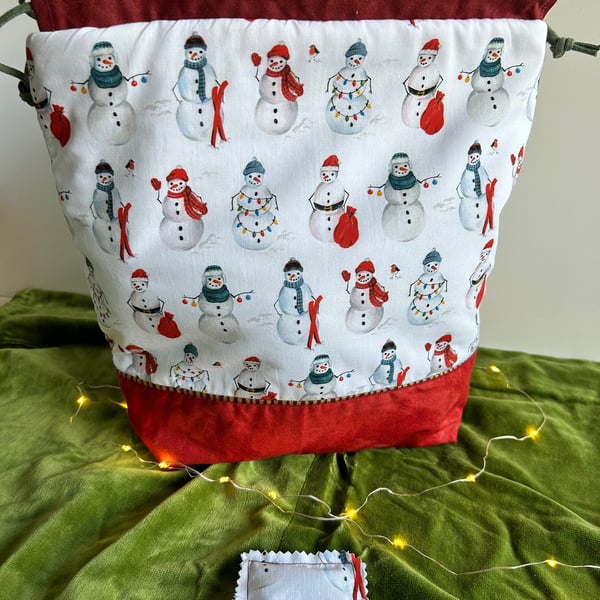 Snowman project bag, Knitting bag, Snowmen bag, Christmas Project Bag