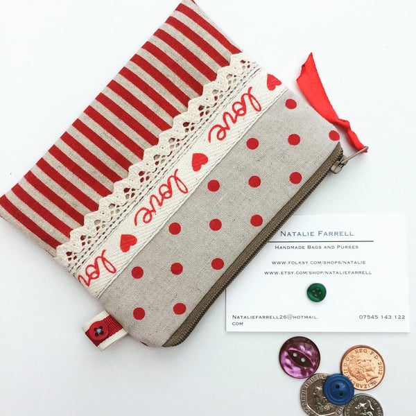 Love and Polka Dot Coin Purse with Lace