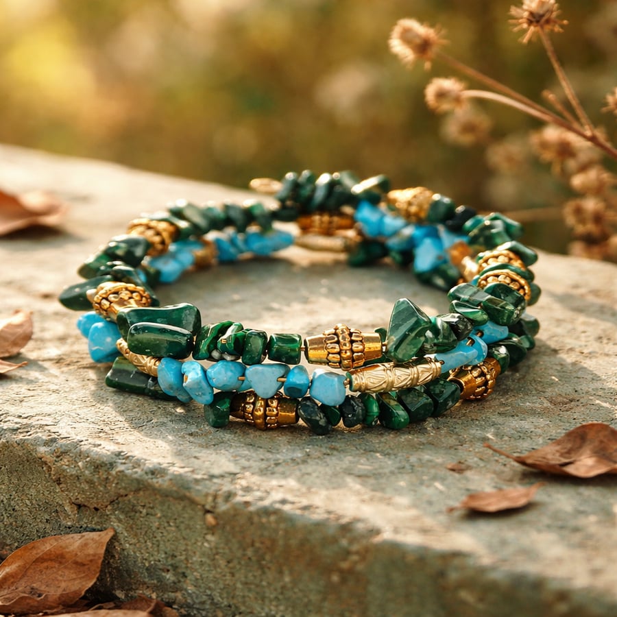 Genuine Malachite and dyed Howlite Turquoise expandable stacker bracelet. 