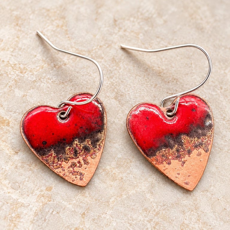 Handmade Enamel Heart Earrings Red, Green or Blue