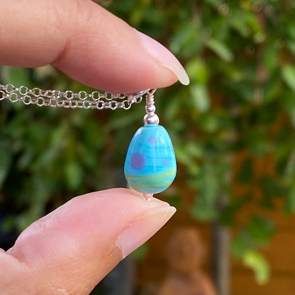 Turquoise Droplet Lampwork Glass Pendant Necklace. Sterling Silver. 