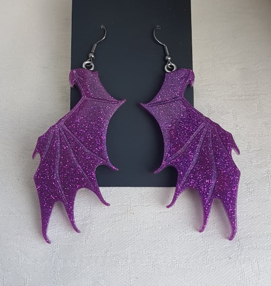 Gorgeous Glittery Purple Resin Bat Wing Earrings - Gun Metal Ear Wires.