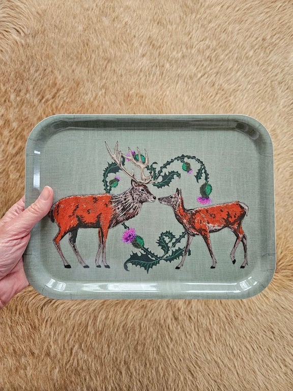 Scottish Stag Tray Thistle Heart Gift, Highland Deer Melamine Serving Tray