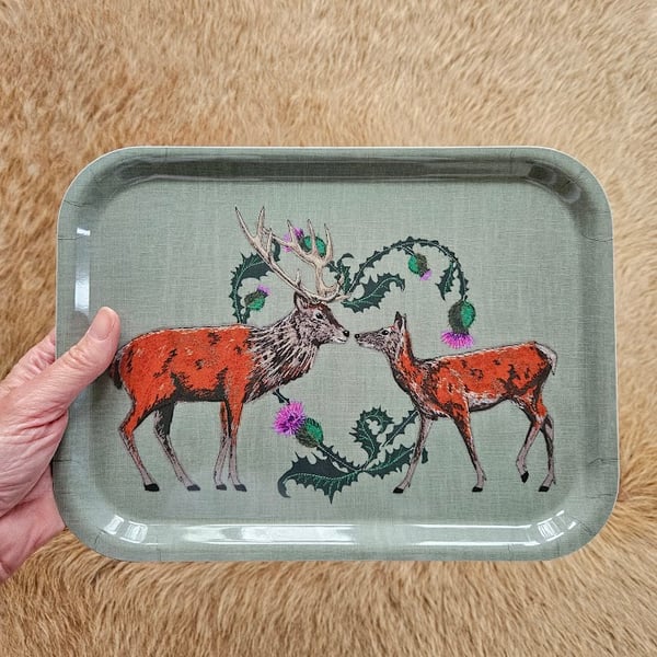 Scottish Stag Tray Thistle Heart Gift, Highland Deer Melamine Serving Tray