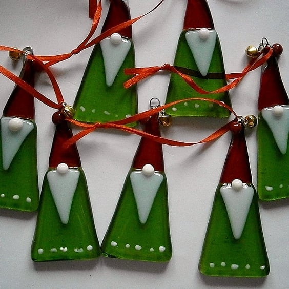 Fused Glass Light green Christmas Scandinavian Gnomes or Tomtes 