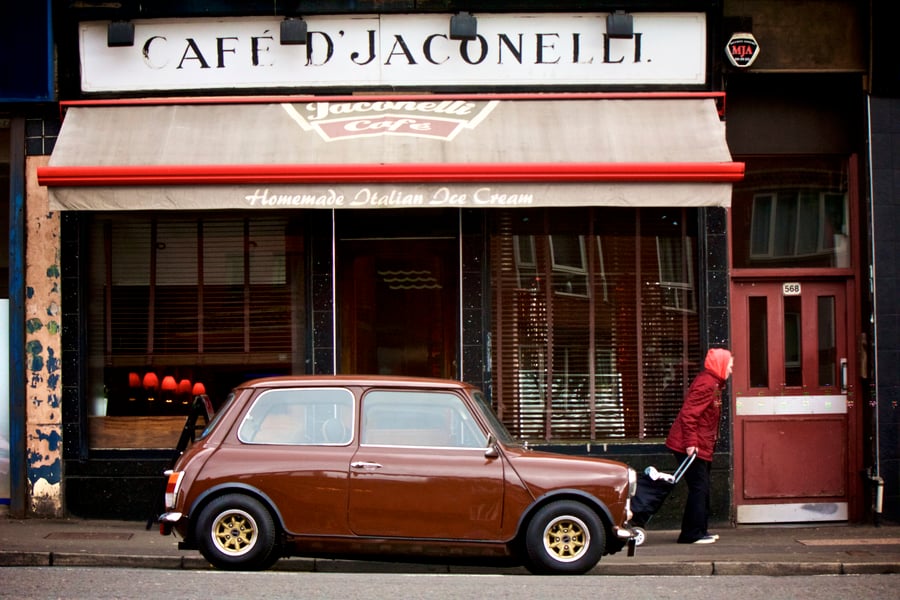 ‘Mini at Jaconelli’  Glasgow Signed Mounted Print  FREE DELIVERY