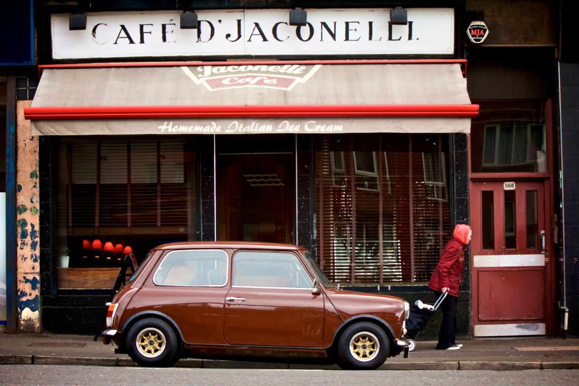 ‘Mini at Jaconelli’  Glasgow Signed Mounted Print  FREE DELIVERY